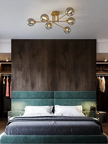 6 Light Gold Amber Glass Chandelier - Warm White