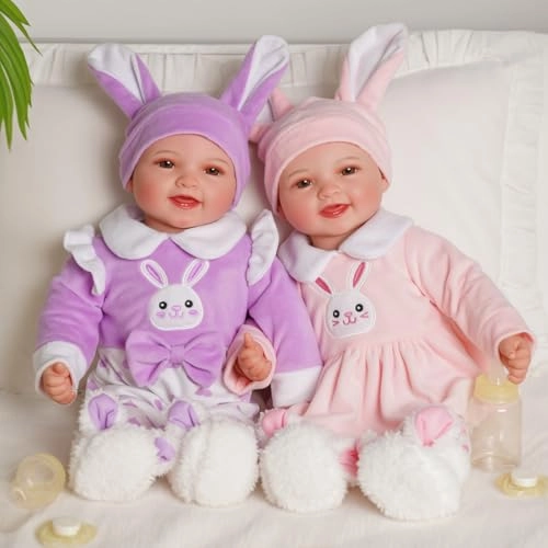 BABESIDE Twin Baby Dolls - 17 silicone vinyl Girl and Boy Newborn RabbitThemed Outfits Ages 3+