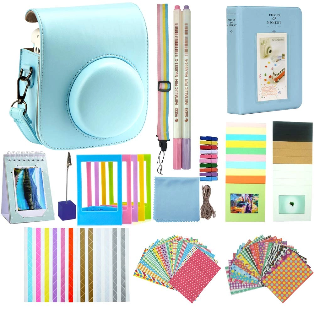 A ANTER Instant camera case + Book album + Table frame + Wall decor hanging frame + Border stickers + Card Mark Pen + Lens cleaning cloth + Memo clip + Camera strap - Fujifilm Instax Mini 12 11 9 PU LEATHER CASE