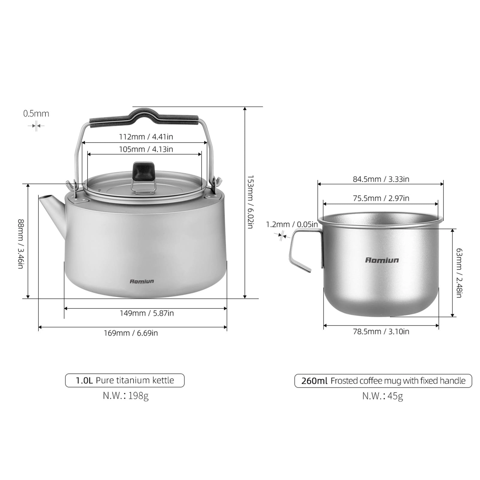 Titanium Kettle - 600ml 1L 1000ml 260ml