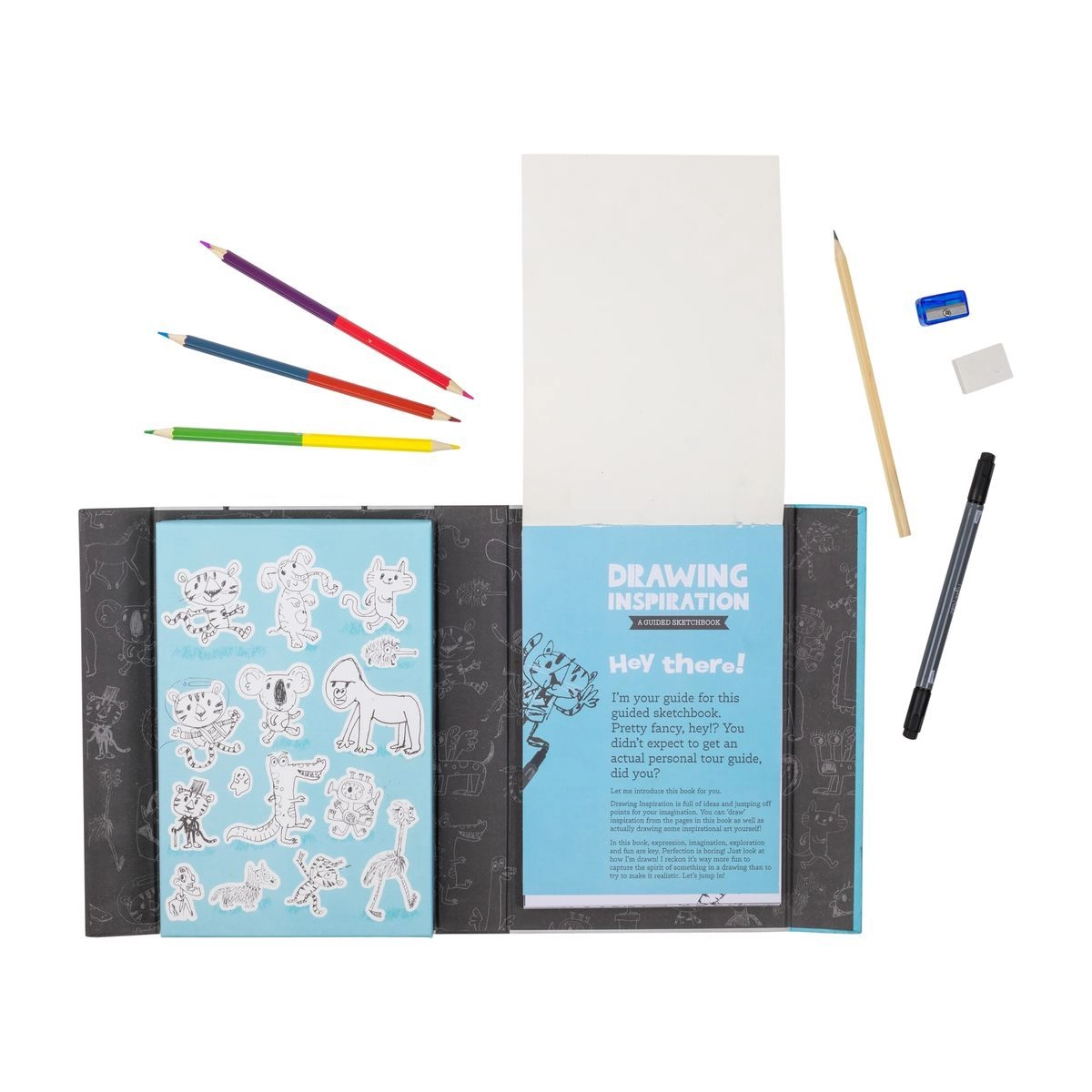 Drawing Inspiration - 50 page Guided Sketchbook 1 x dual-tip fine liner pen 1 x 2B artist's pencil