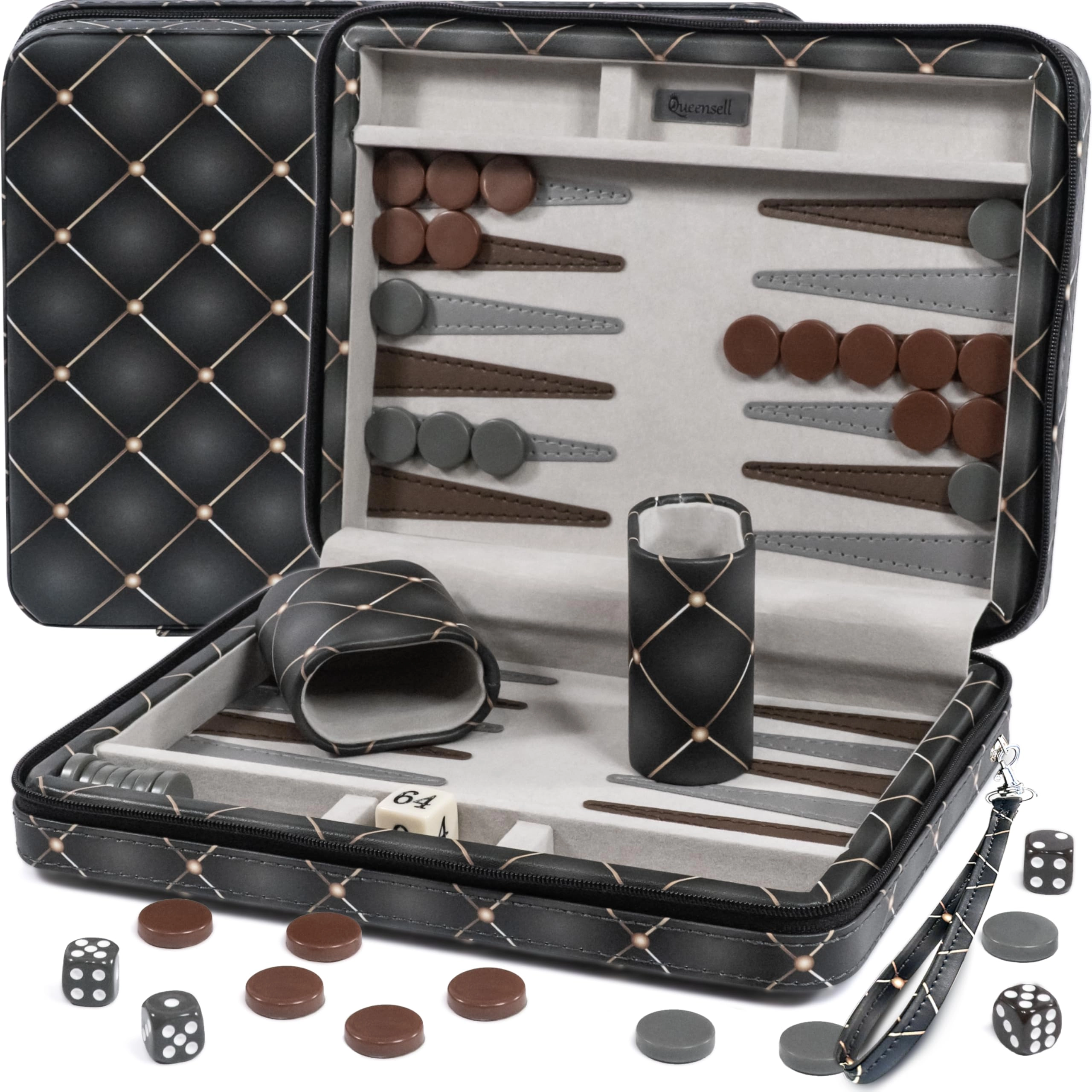 Queensell Magnetic Travel Backgammon Set - PU Leather 14" 32 Magnetic Pieces