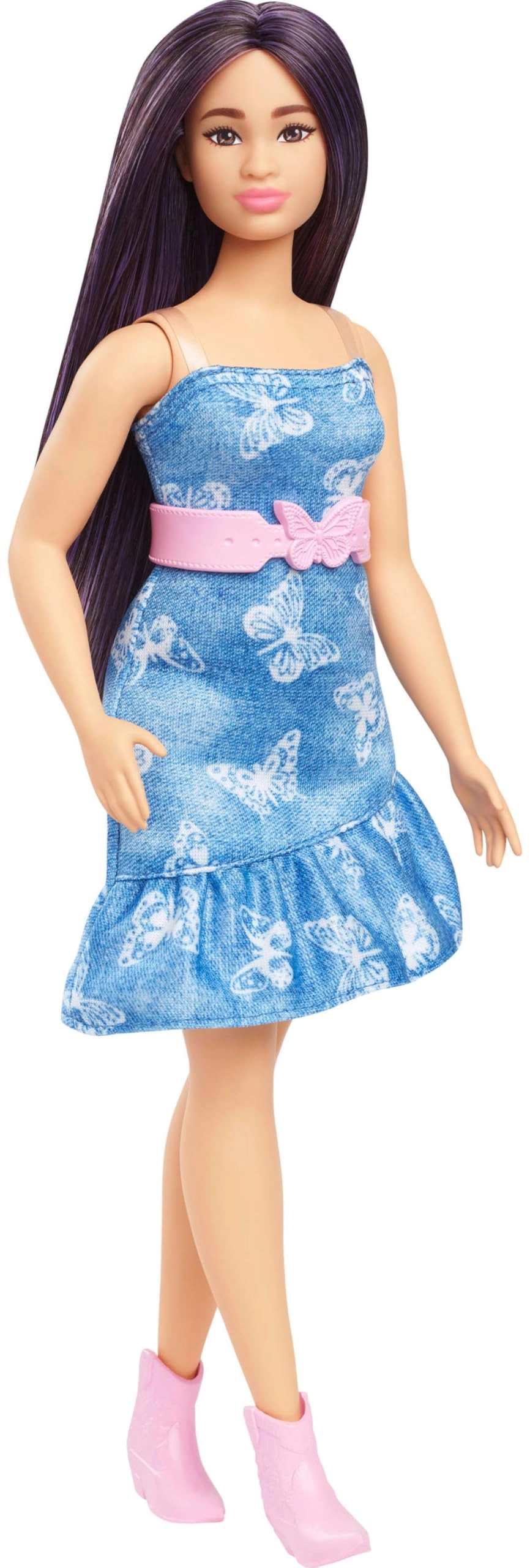 Barbie Fashionistas Doll #231 - Purple Hair Strapless Denim Butterfly Print Dress Pink Belt and Boots Ages 3+