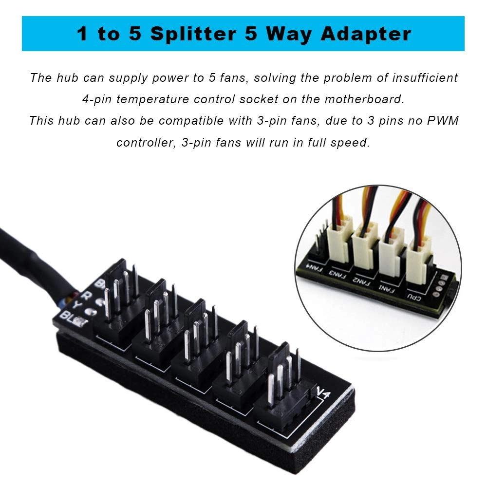 4 Pin PWM Fan Hub - 13-Inch 24AWG 1 to 5 Splitter