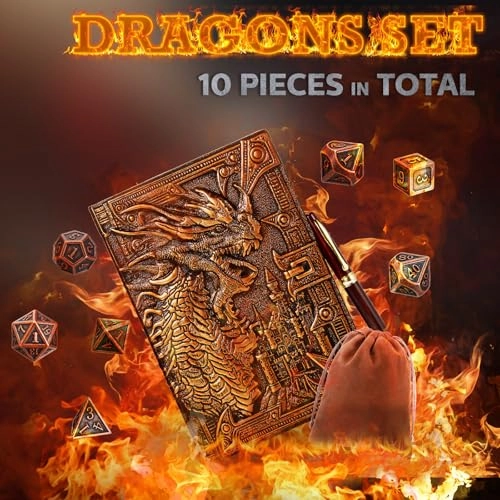Dragon journal + Wooden pen + Metal dice + Dice bag - 10 piece(s)