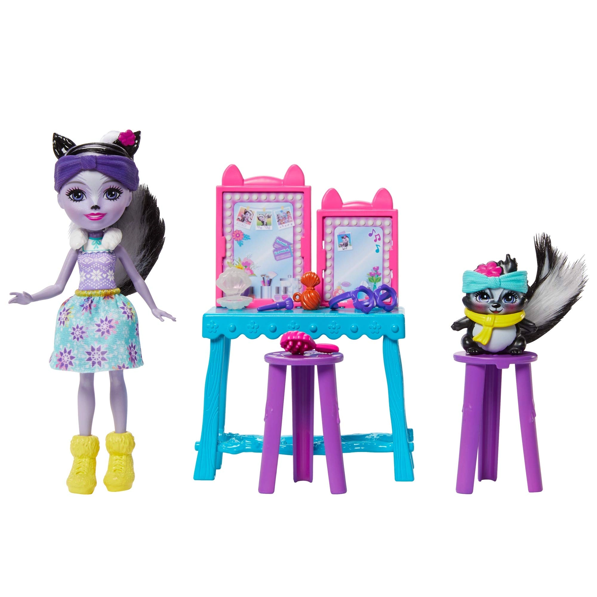 Mattel Stinkin' Cute Vanity - double mirror space for two + Sage Skunk Doll + Caper Doll