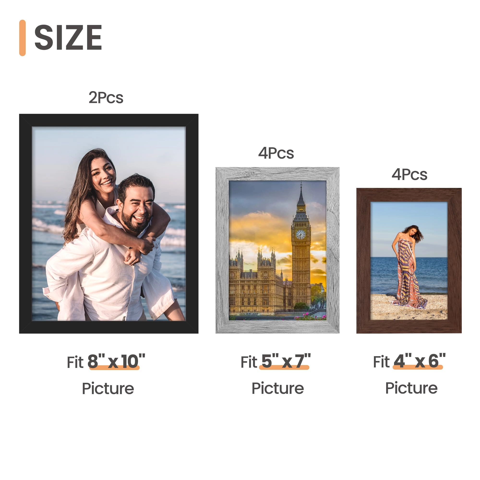 10 Pack Picture Frames - 8x10, 5x7, 4x6