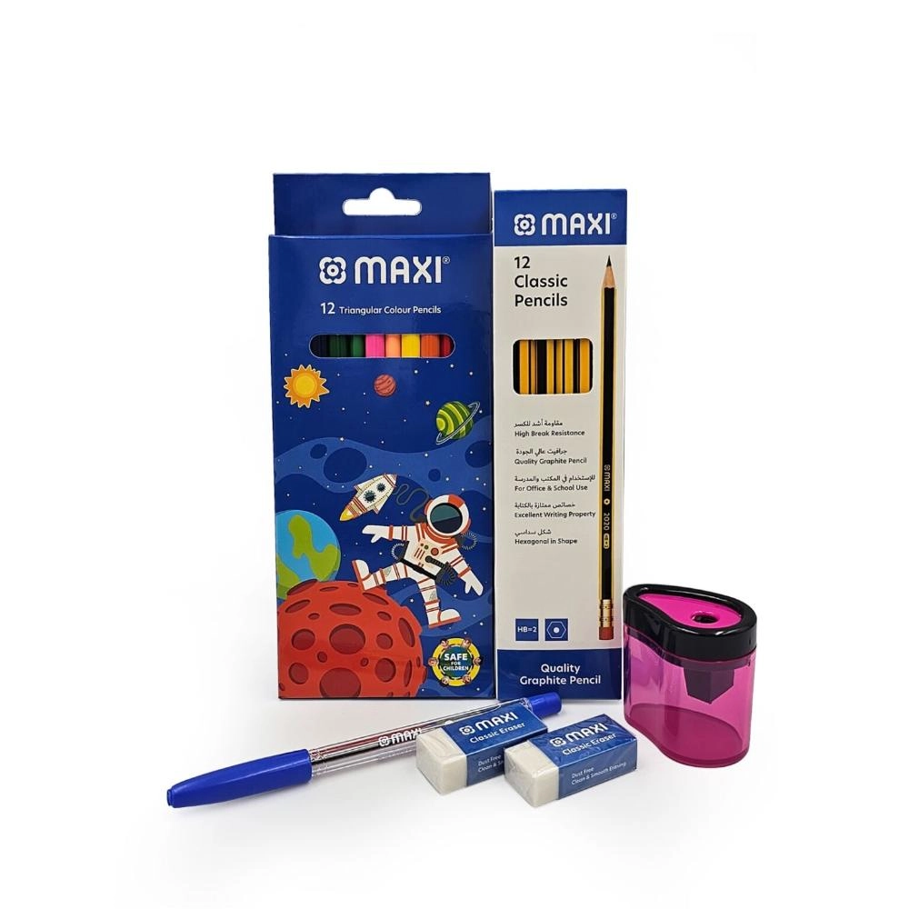Maxi Colour Pencil + Black Lead Pencil + Ball Pen + Eraser + Sharpener - Multi Pack Colouring & Writing