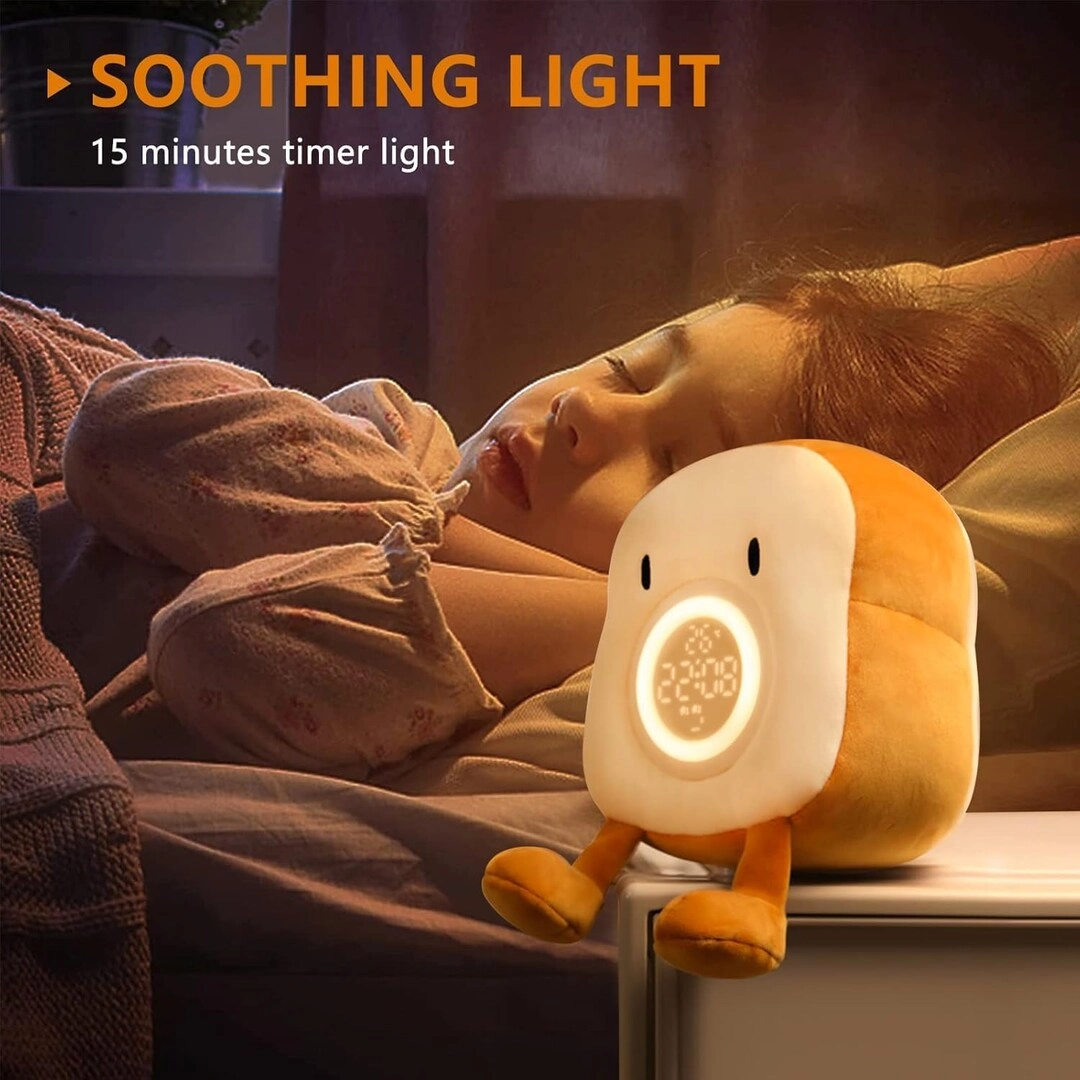 Cute Toast Plush Alarm Clock - USB Rechargeable Warm LED