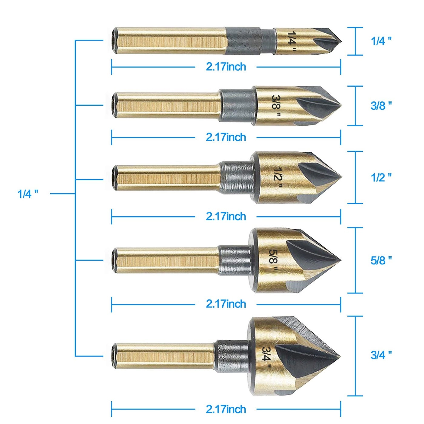 Countersink Drill Bit Set - M2 HSS 5-Piece 1/4” 3/8” 1/2” 5/8” 3/4”