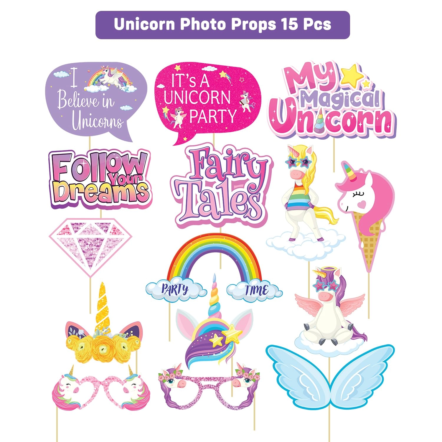 Unicorn Theme Photo Booth Props - 15 Count Birthday