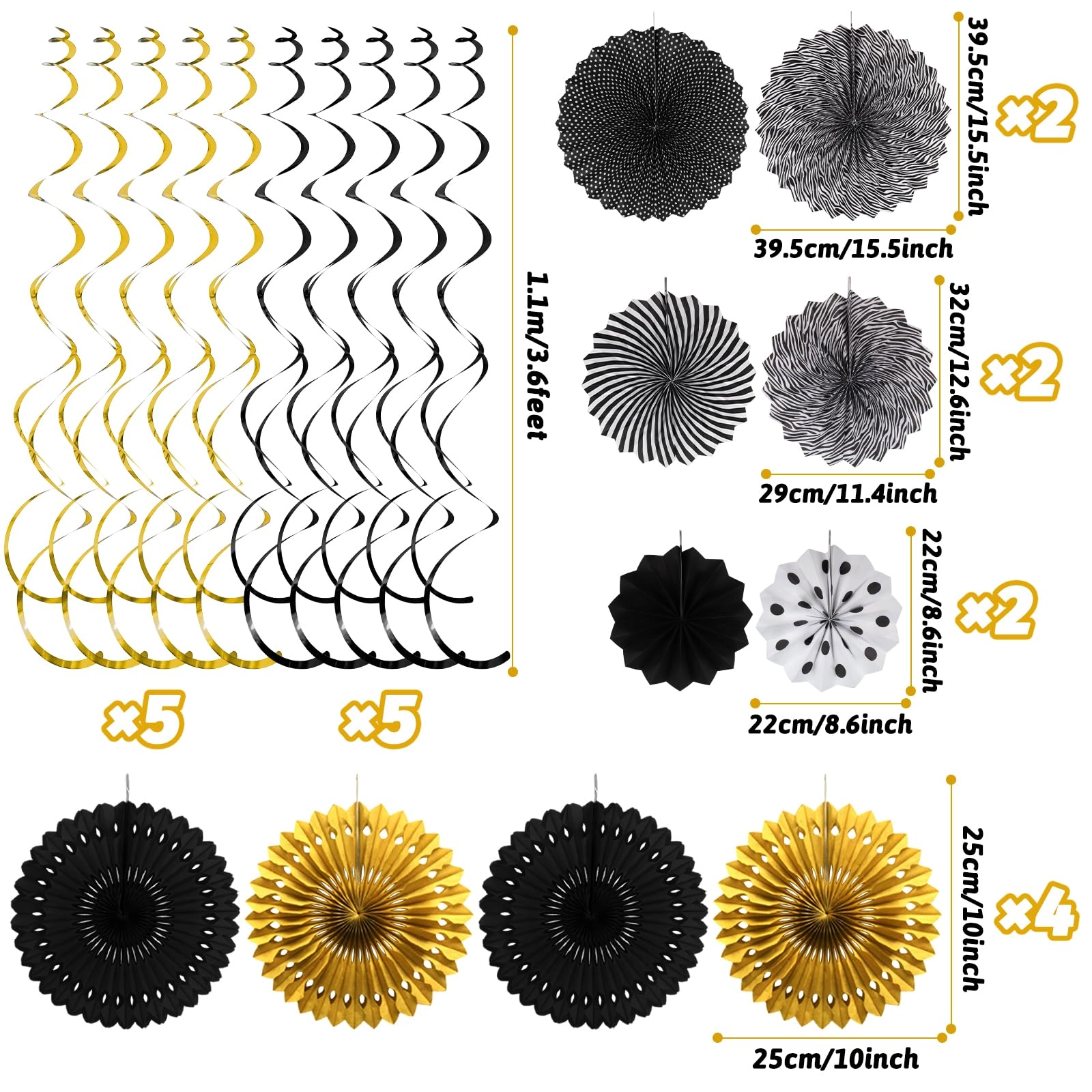 Paper Fan Honeycomb Ball Garland - 6 x Hanging Paper Fan 6 x Paper Honeycomb Ball 4 x Paper Hollow Fan 1 x Paper Balloon Garland 1 x Circle Paper Garland 10 x Hanging Swirl 1 x Triangular Pennant Anniversary