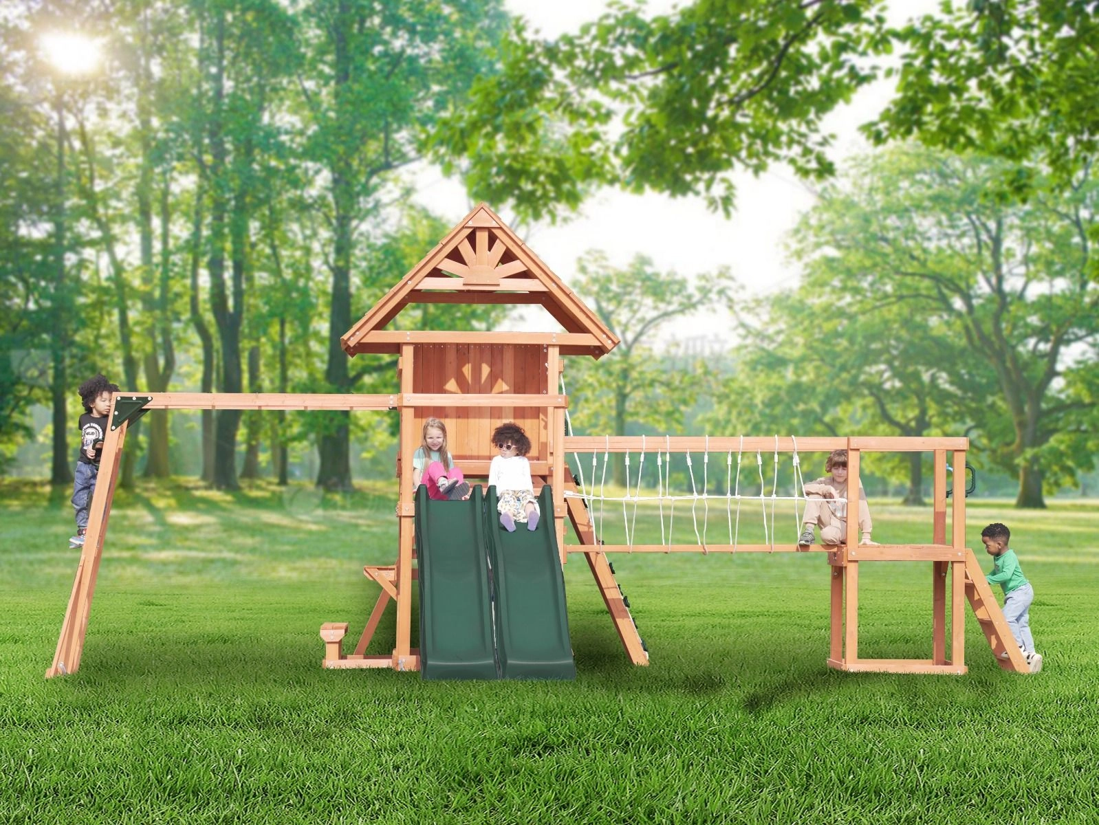 Double Decker Everest Swing Set - wooden roof 660 x 665 x 332 cm