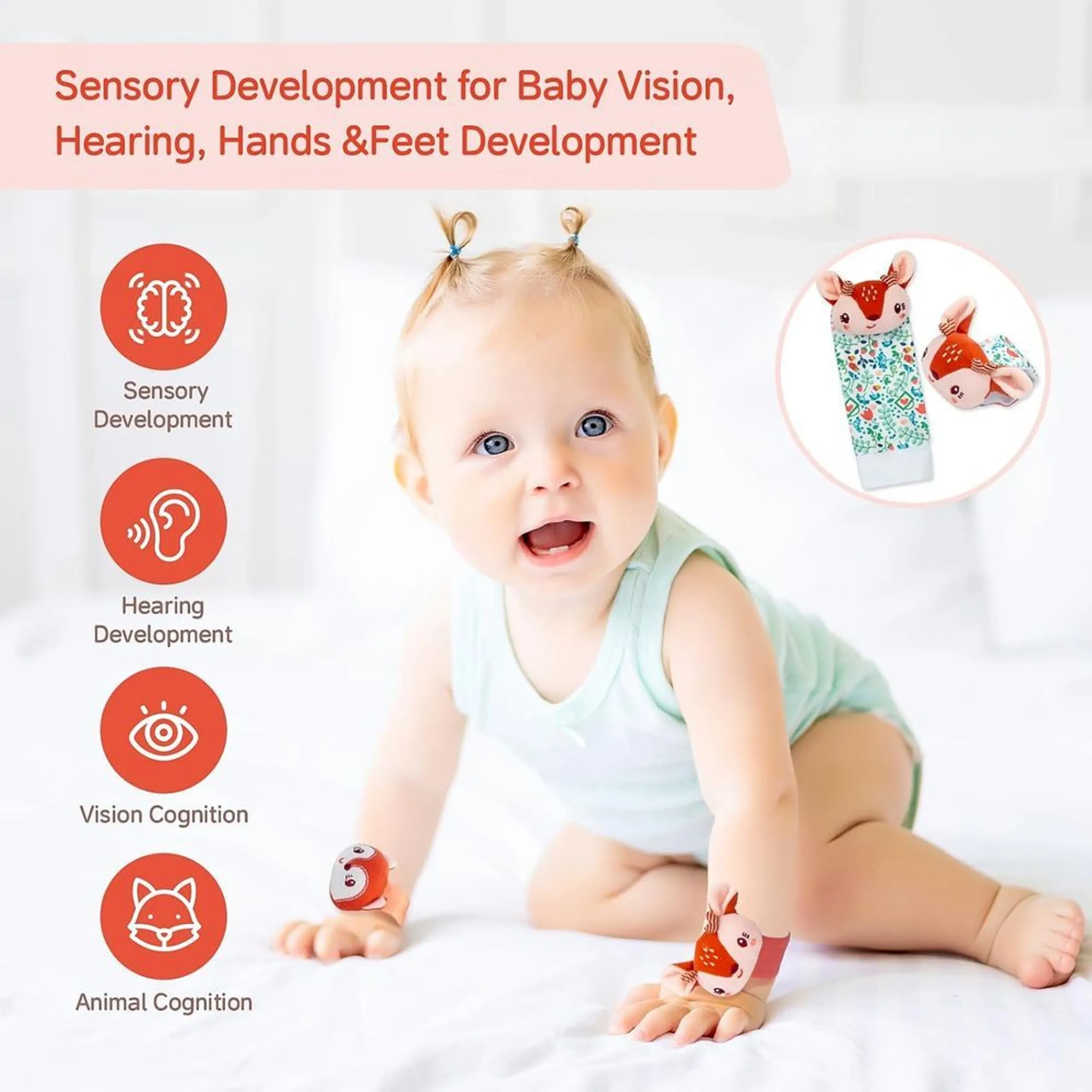 Personalized Wrist Rattle And Foot Finder - Suitable for 0 month & above Fox And Deer