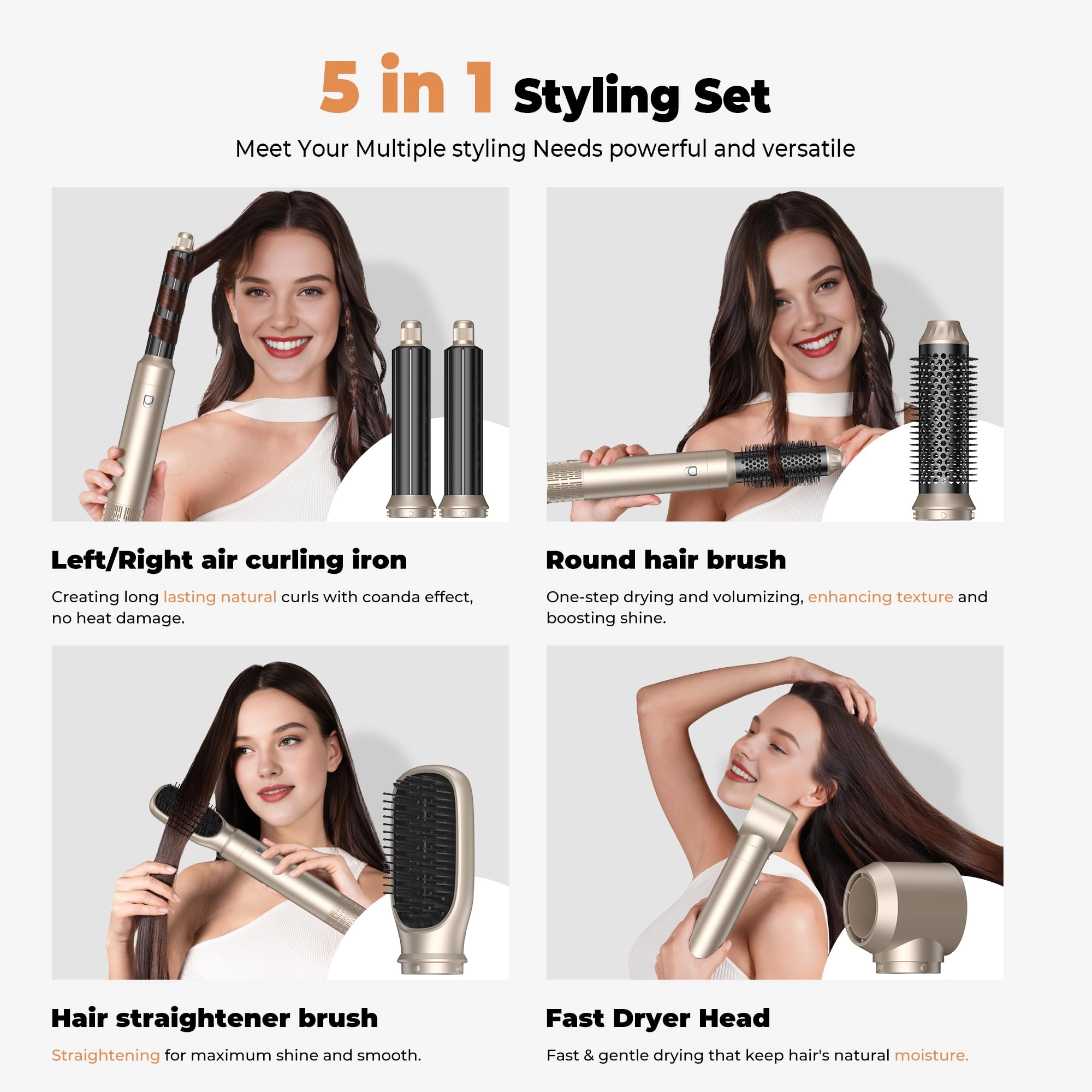 5 in 1 Hair Dryer Brush Set - Gold 700 watts