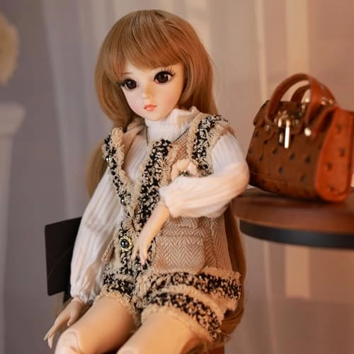BJD Doll - Brown Curly Fringe Hair Beige Vest Set 22 Joints Ages 15+