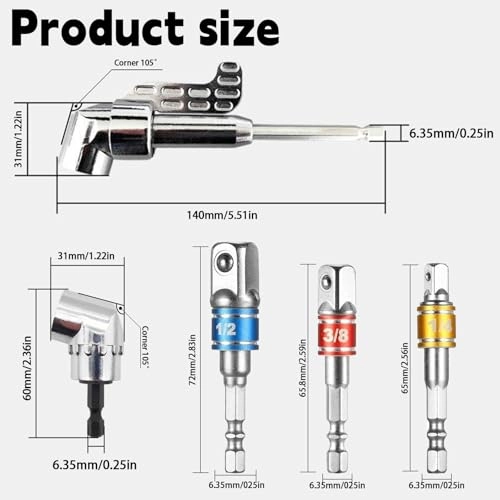Right Angle Drill Attachment + 90 Degree Drill Adaptor + 105 Degree Right Angle Drill Bit Adapter + Drill Socket Adaptor - 1/4, 3/8, 1/2 inch