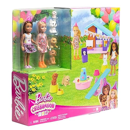 Barbie Chelsea Celebration Fun - 2 Small Dolls 4 Puppies Doghouse Ages 3+