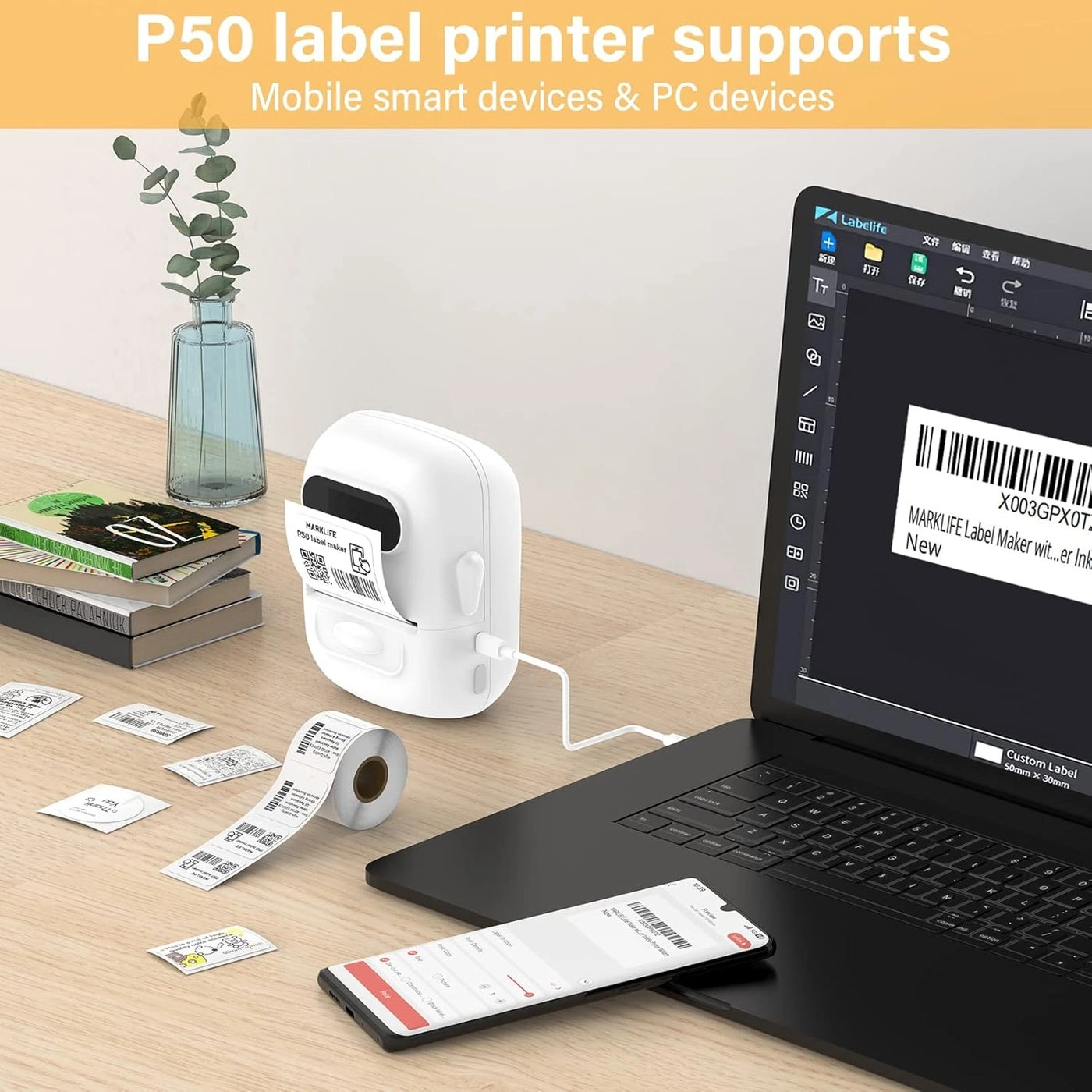 Thermal Label Printer - Mini Bluetooth Ink-Free Rechargeable Battery