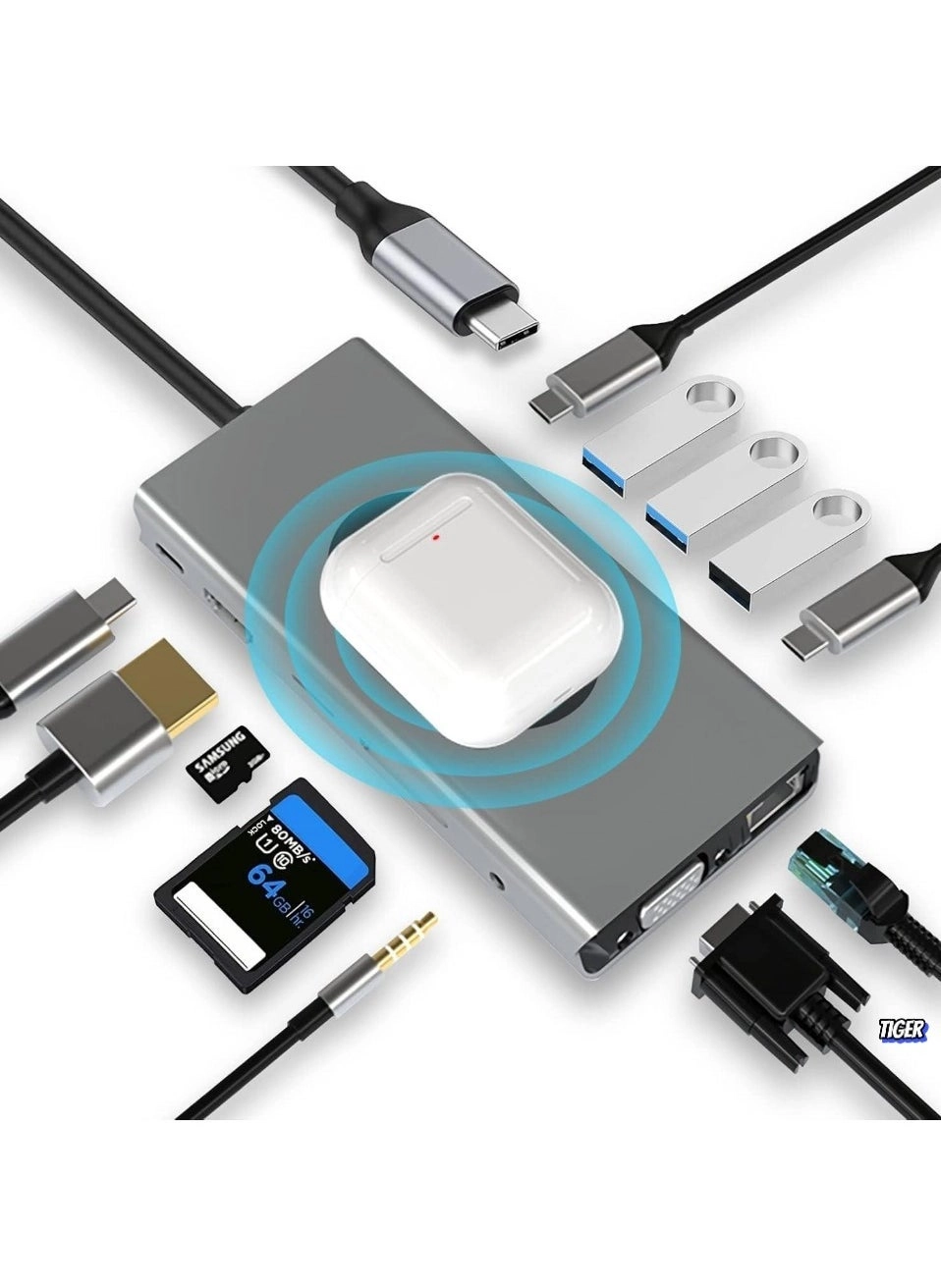 JAJEEK 13-in-1 USB C Docking Station - Wireless Charging 4K HDMI