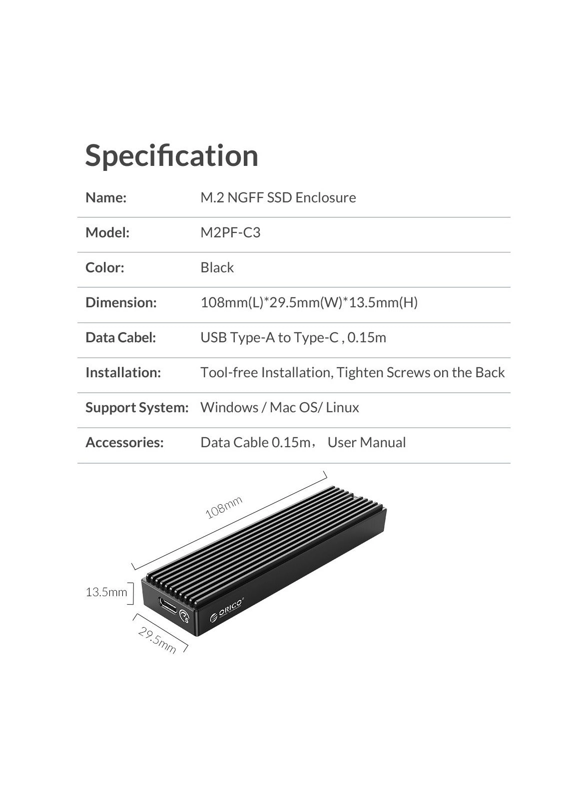 M.2 NGFF NVMe Enclosure - USB 3.2 Type C USB 3.0