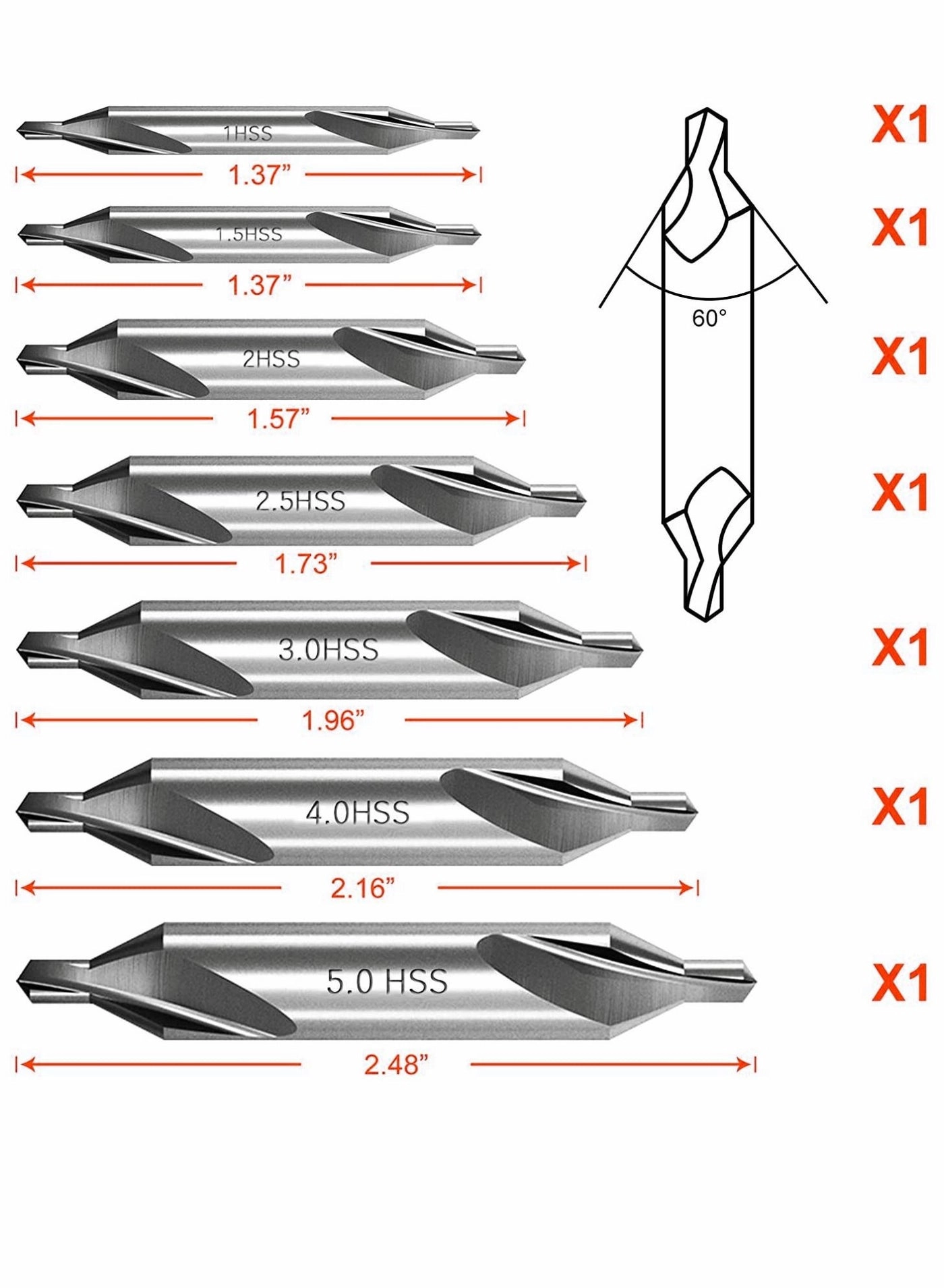 Center Drill Bit Set - HSS 7 Pieces 1.0 1.5 2.0 2.5 3.0 4.0 5.0mm