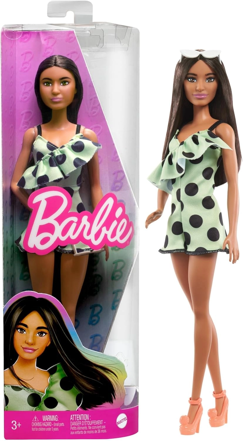 Barbie Fashionistas - Long Straight Brown Hair Polka Dot Romper Ages 3+