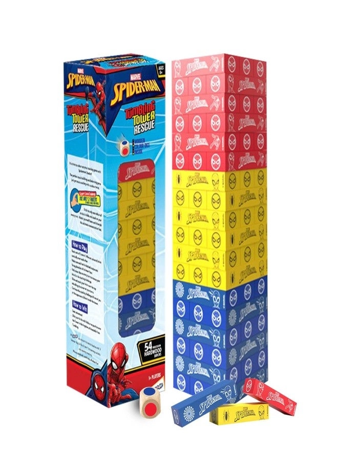 SKOODLE Stackrr Tumbling Tower - 54 Precision Wooden Blocks Premium Beachwood Spiderman