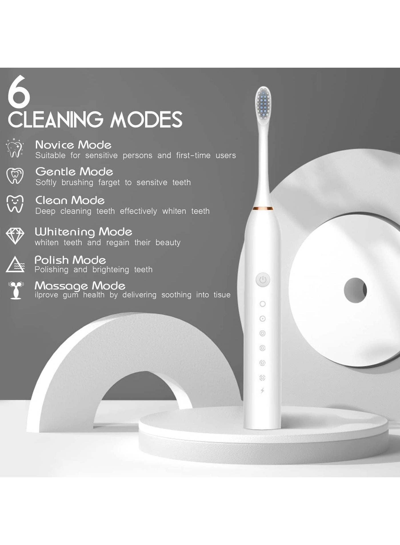 Sonic Electric Toothbrush - USB Rechargeable 4 Brush Heads 6 Cleaning Modes