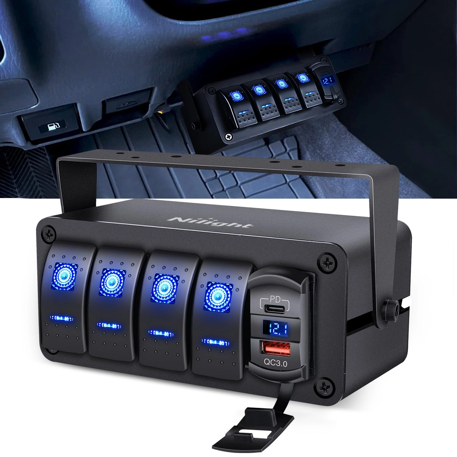 Nilight 4 Gang Rocker Switch Box - 12V PD Type C QC 3.0 USB Charger Voltmeter