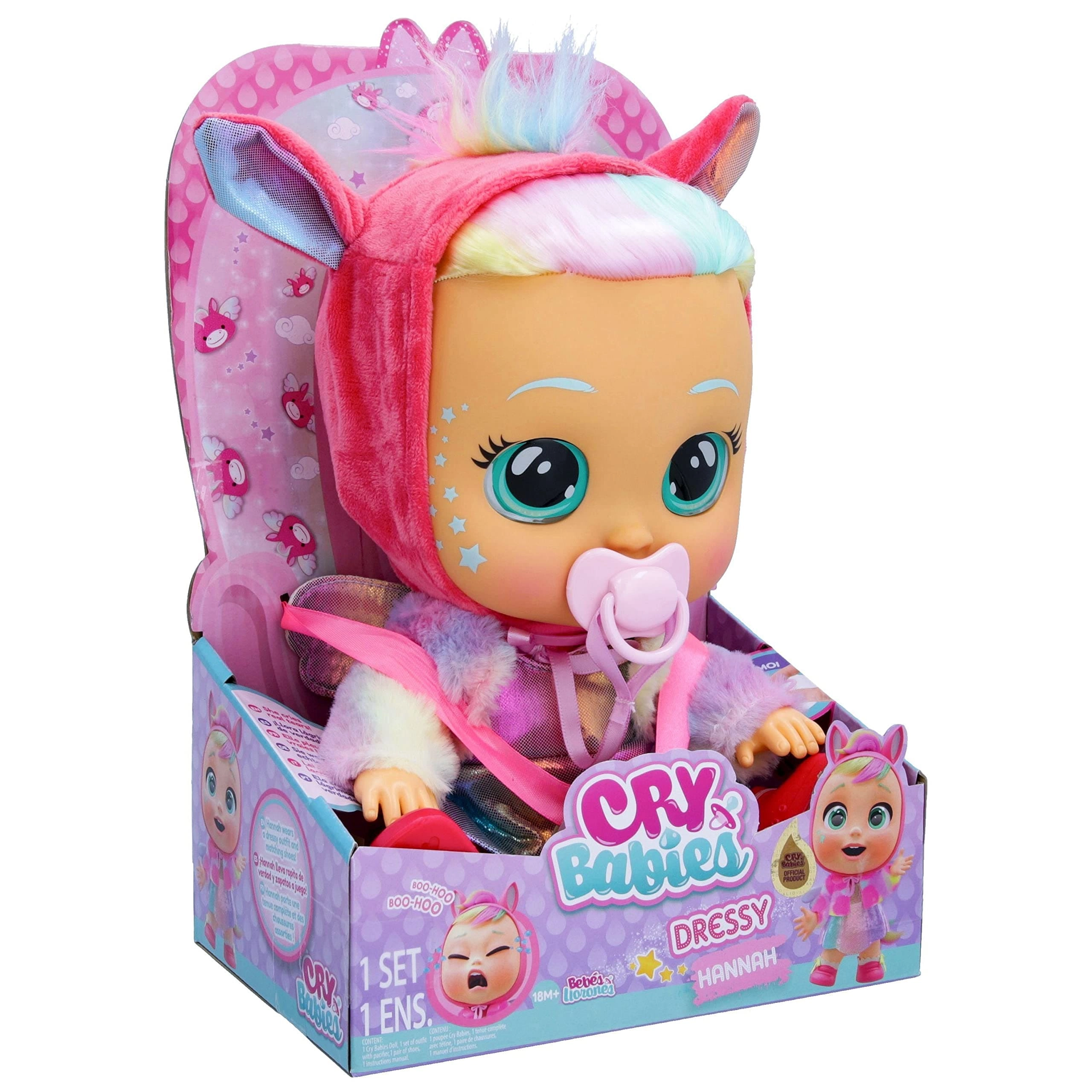 CRY BABIES Hannah Baby Doll - 12'' Metallic Rainbow Dress Pastel Fuzzy Pegasus Jacket