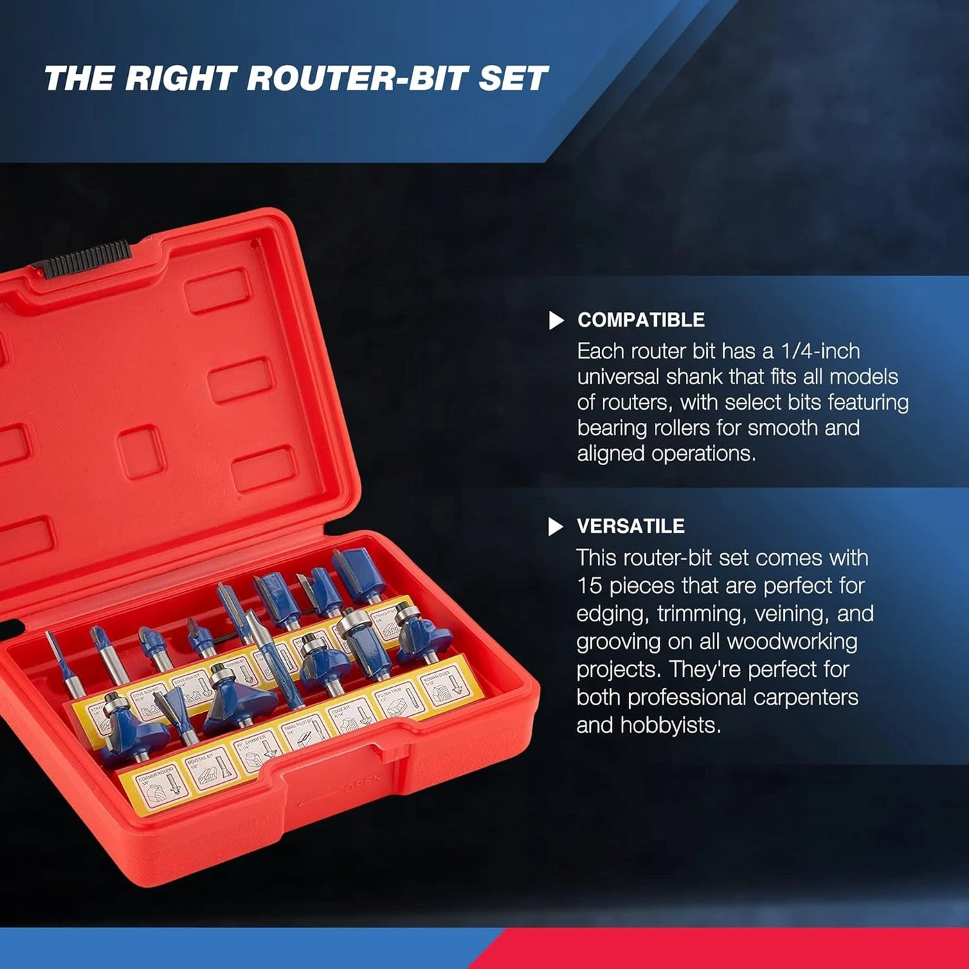 10100 Tungsten Carbide Router Bits - 1/4-inch 15 pieces