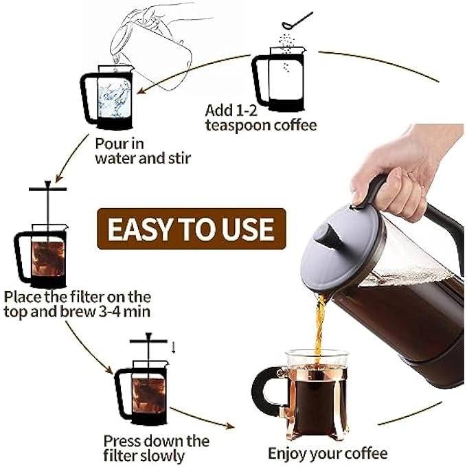 French Press - 34Oz Borosilicate Glass 4 Filters Portable