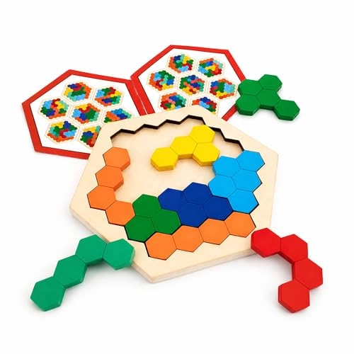WUDLY Wooden Honeycomb Puzzle Board Montessori Shape Matching Tangram Brain Storming