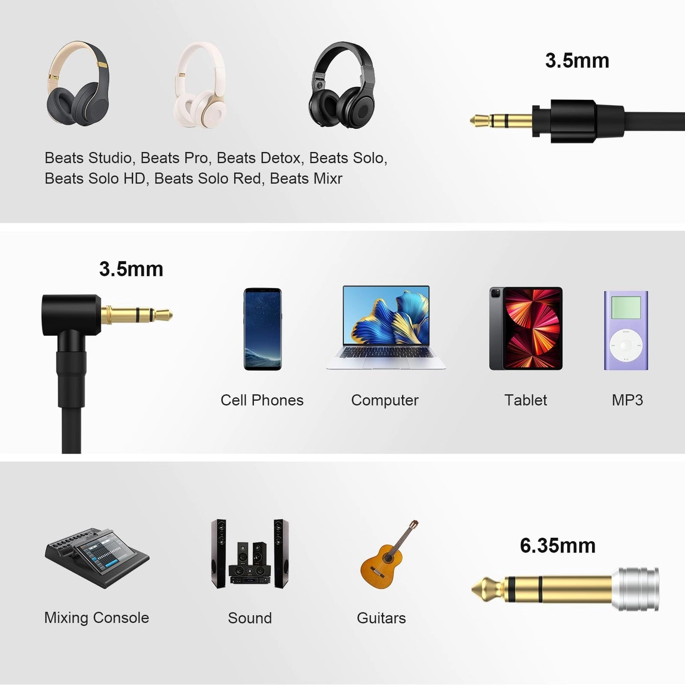 Auxiliary Extension Cable for Beats by Dr Dre Solo Studio Pro Detox Edition Headphones