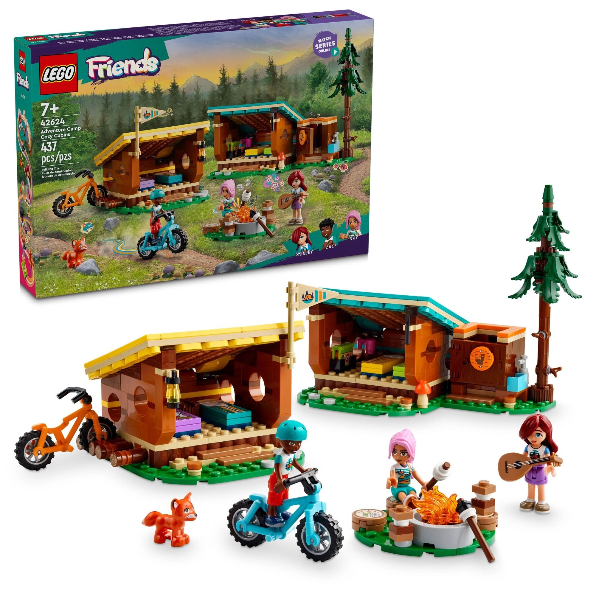 Friends Adventure Camp Cozy Cabins (42624) - 3 mini dolls fox 2 mountain bikes
