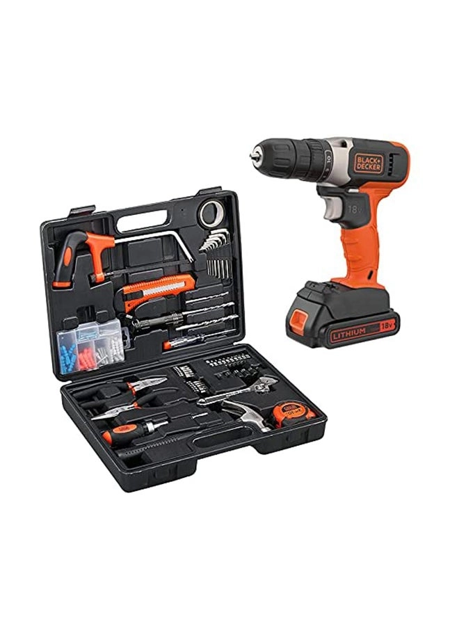 Cordless Power Drill + Battery - 1.5 Ampere-hour 18 V + Tool Set