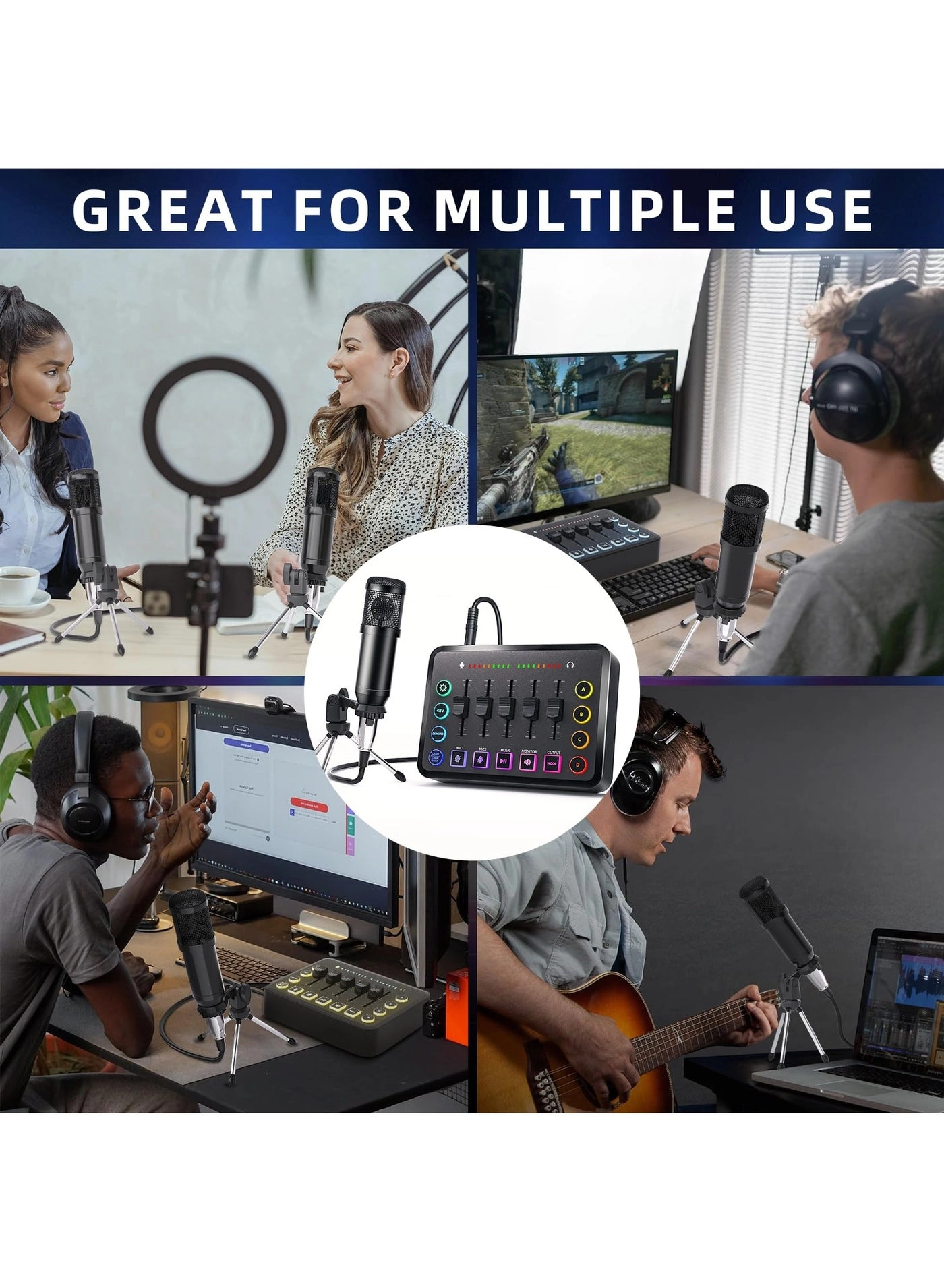 Audio Mixer + Microphone + Stand + Cables