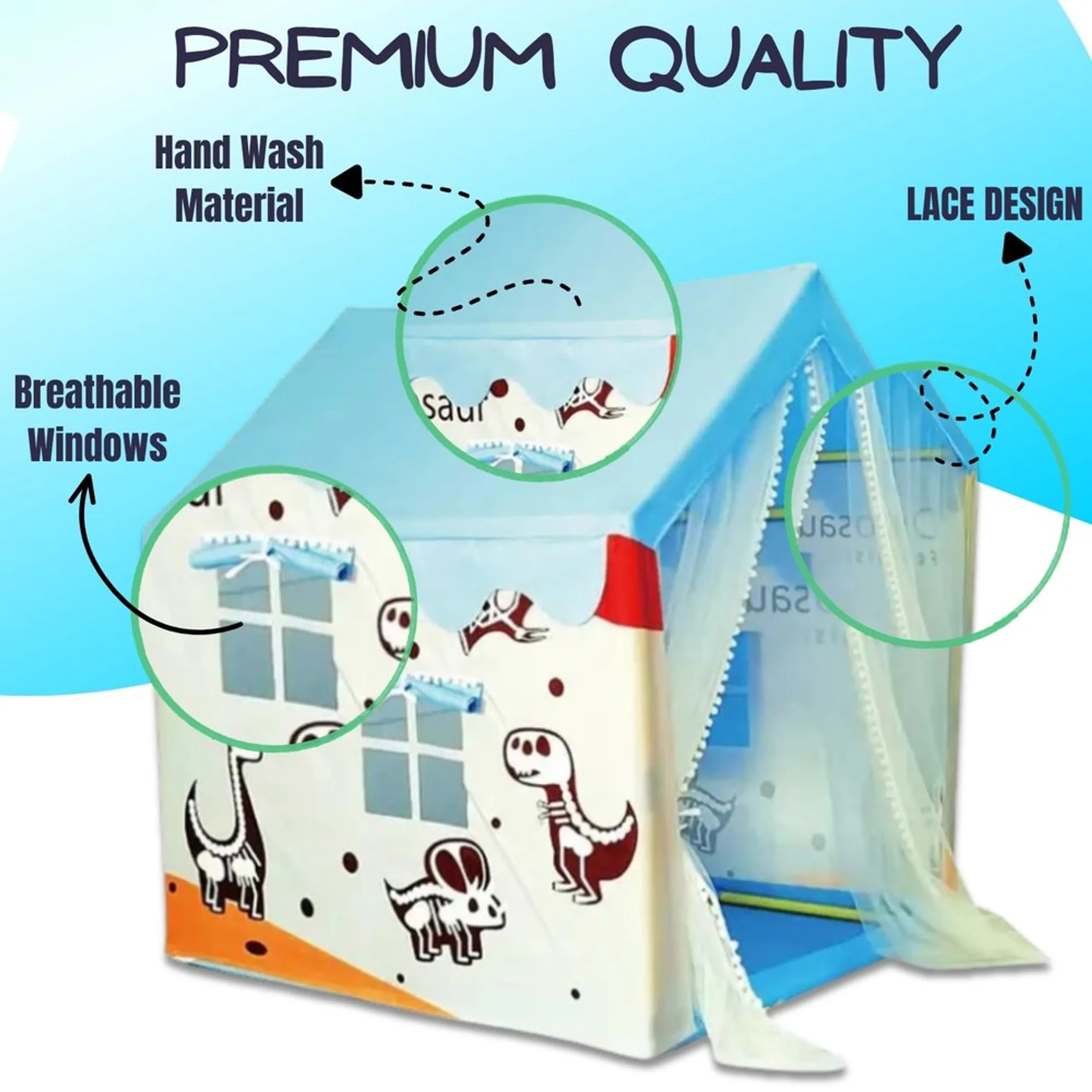 Kids Play Tent House - With Curtains Dinosaur Theme 120 x 120 x 150 cm