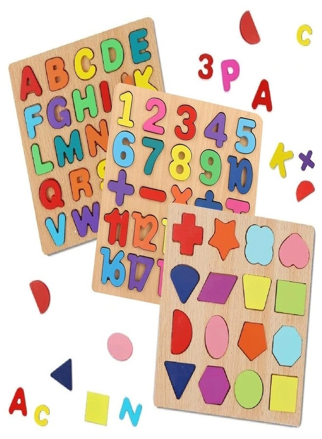 Wooden Alphabet Numbers and Shapes Puzzle Set - 3 pieces