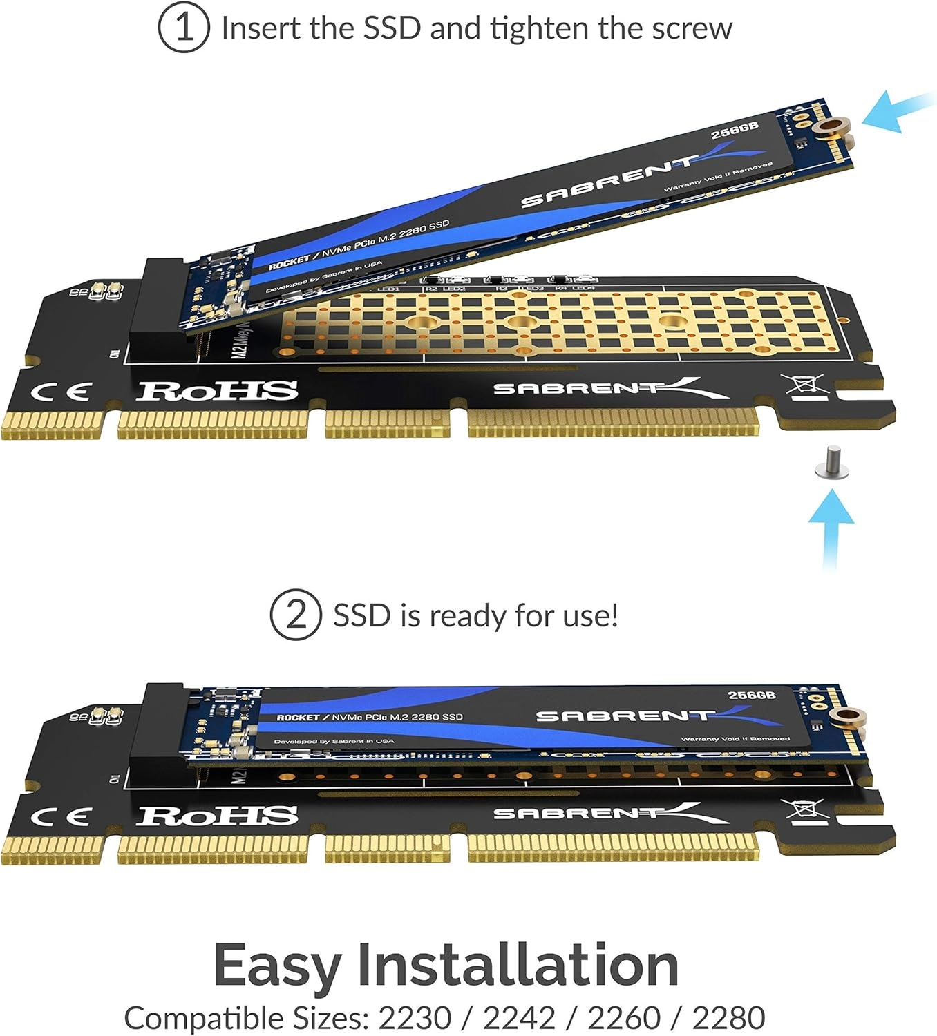 NVMe M.2 SSD to PCIe x16/x8/x4 Card - M.2 M Key 2230/2242/2260/2280