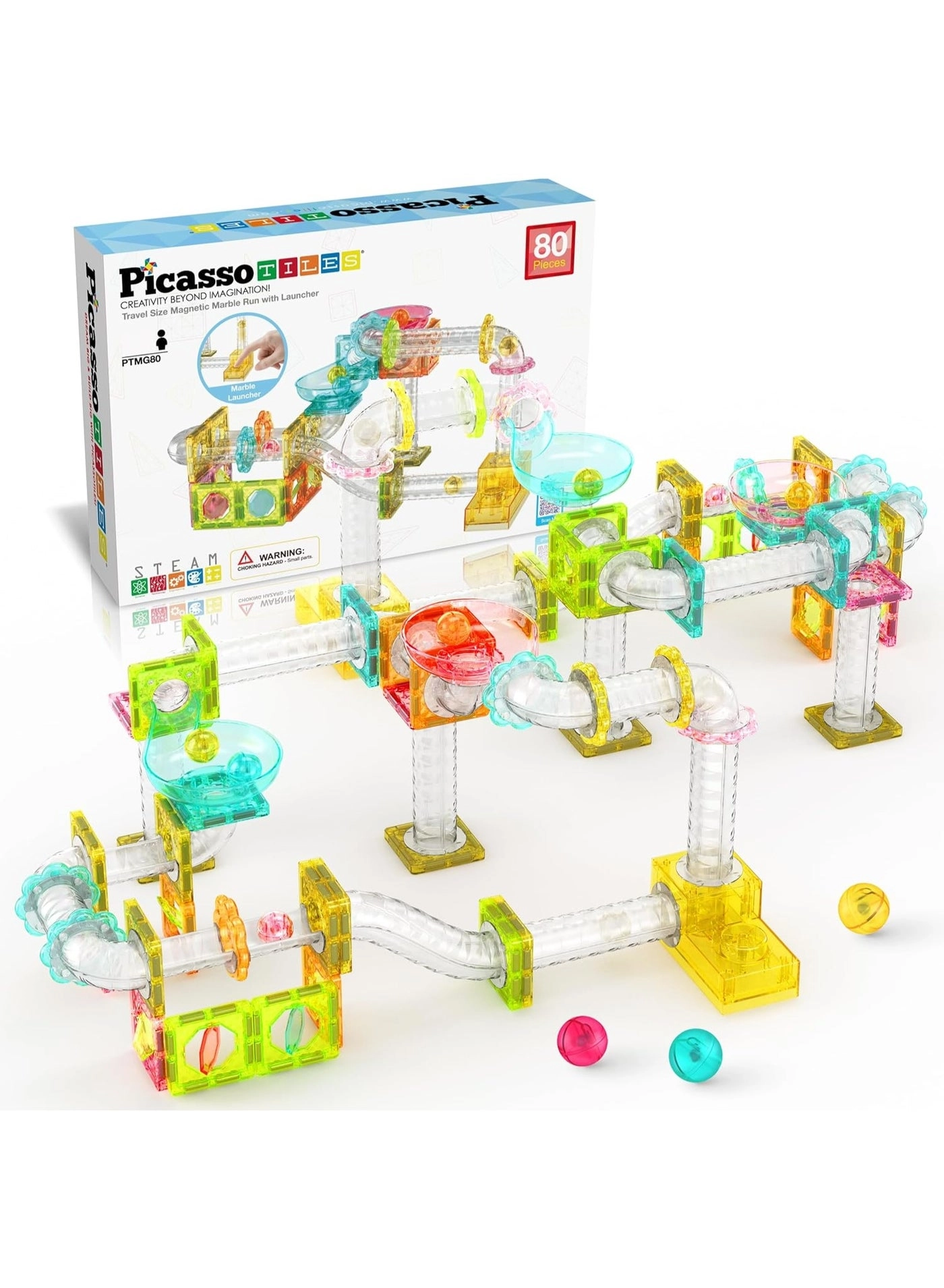 PicassoTiles Magnetic Marble Run with Launcher - 80 pcs