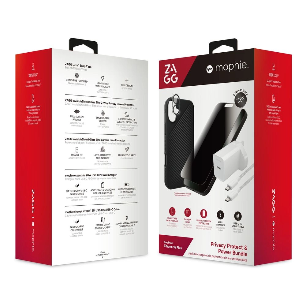 ZAGG Luxesnap - MagSafe Compatible 3m Drop Protection + IS Privacy - 4-Way Privacy Filter + Glass Elite Camera - Anti-Microbial + Cable & Power - for iPhone 16 Plus