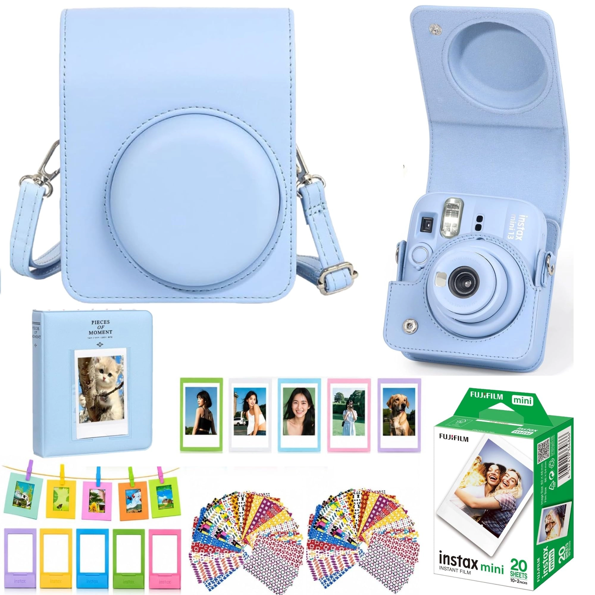 VIDIFY Camera Case - Frosty Blue + INSTAX Mini Instant Film - 20 Shot + Mini Photo Album - 64 Pocket + Hanging Photo Display + Mini Desktop Photo Frames + Magnetic Fridge Photo Frames + Photo Border Stickers - 60
