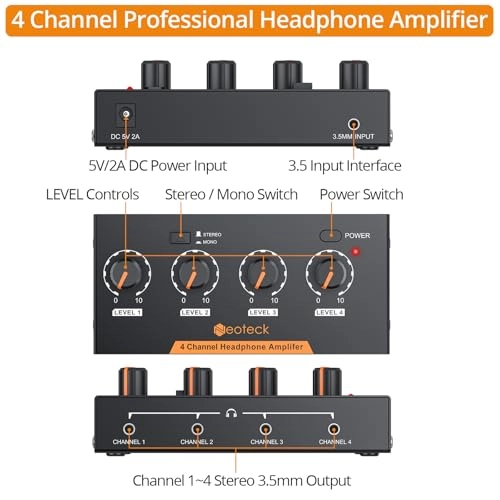 4 Channel Portable Stereo Headphone Amplifier - 4 Volume Controls 12V