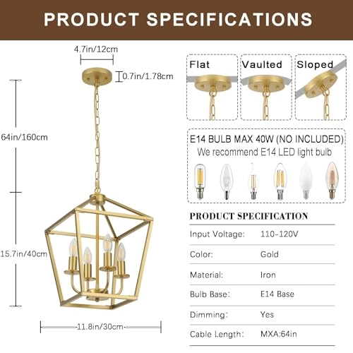 Industrial Chandelier Lamp - 4 x E14 Gold Adjustable Height