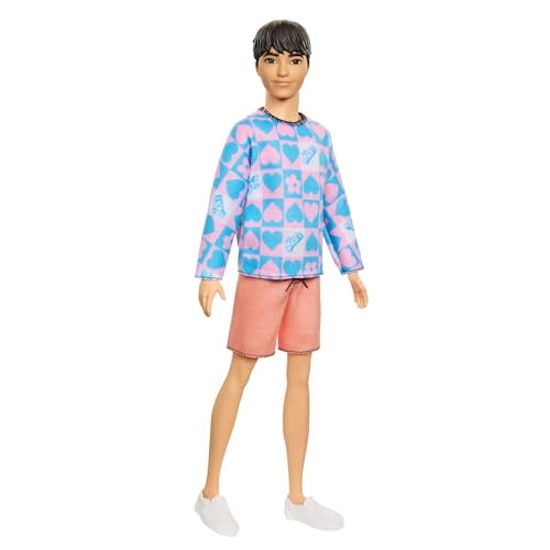 Barbie Fashionistas Ken Doll - Slender Body Removable Long-Sleeve Pink & Blue Patterned Shirt Pink Shorts Ages 3+