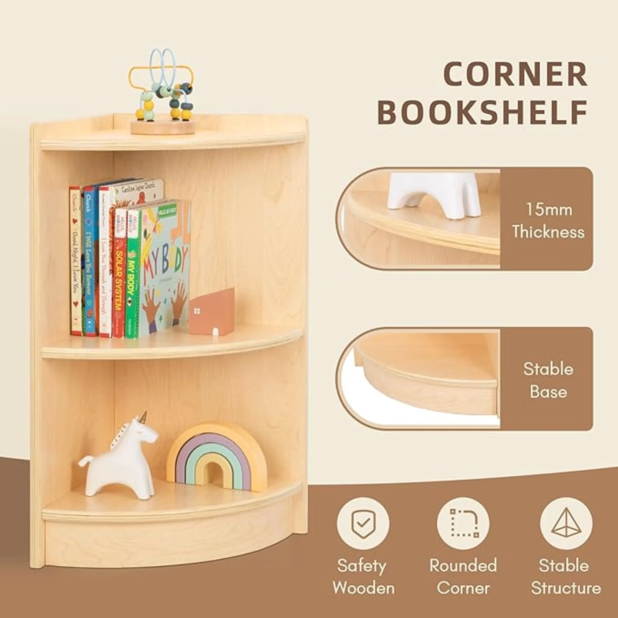 Wooden Corner Toy Organizer Shelf - 15 mm thick plywood wood