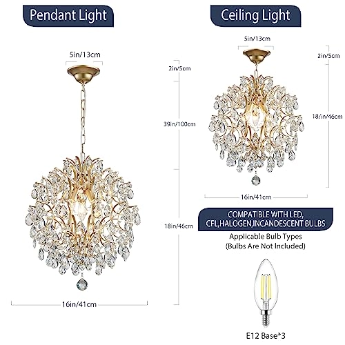Pendant Chandelier - Crystal Raindrop 3 E14 Bulbs