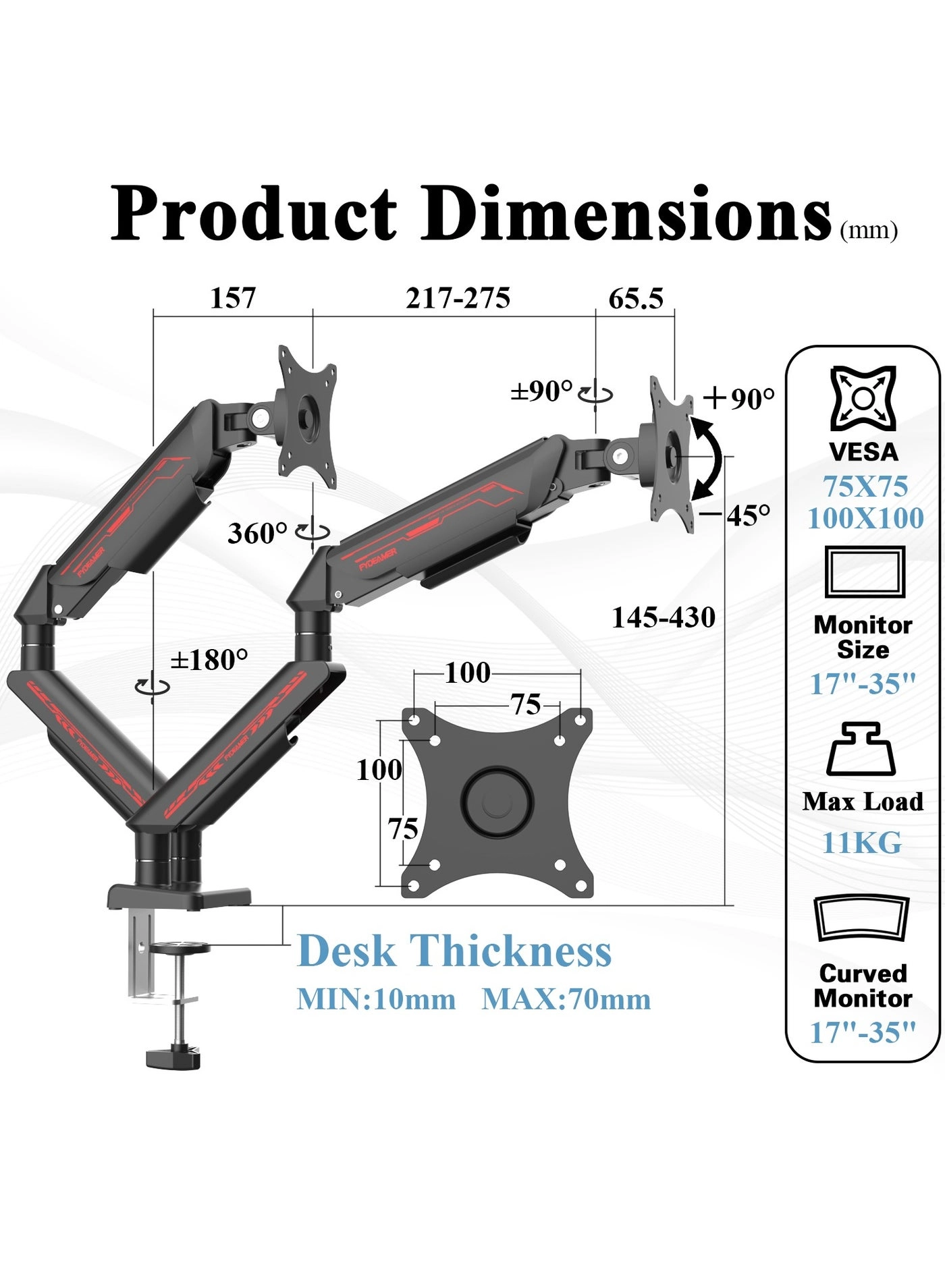 PC Monitor Arm - Dual Arm 17-35 inches 75x75mm 100x100mm